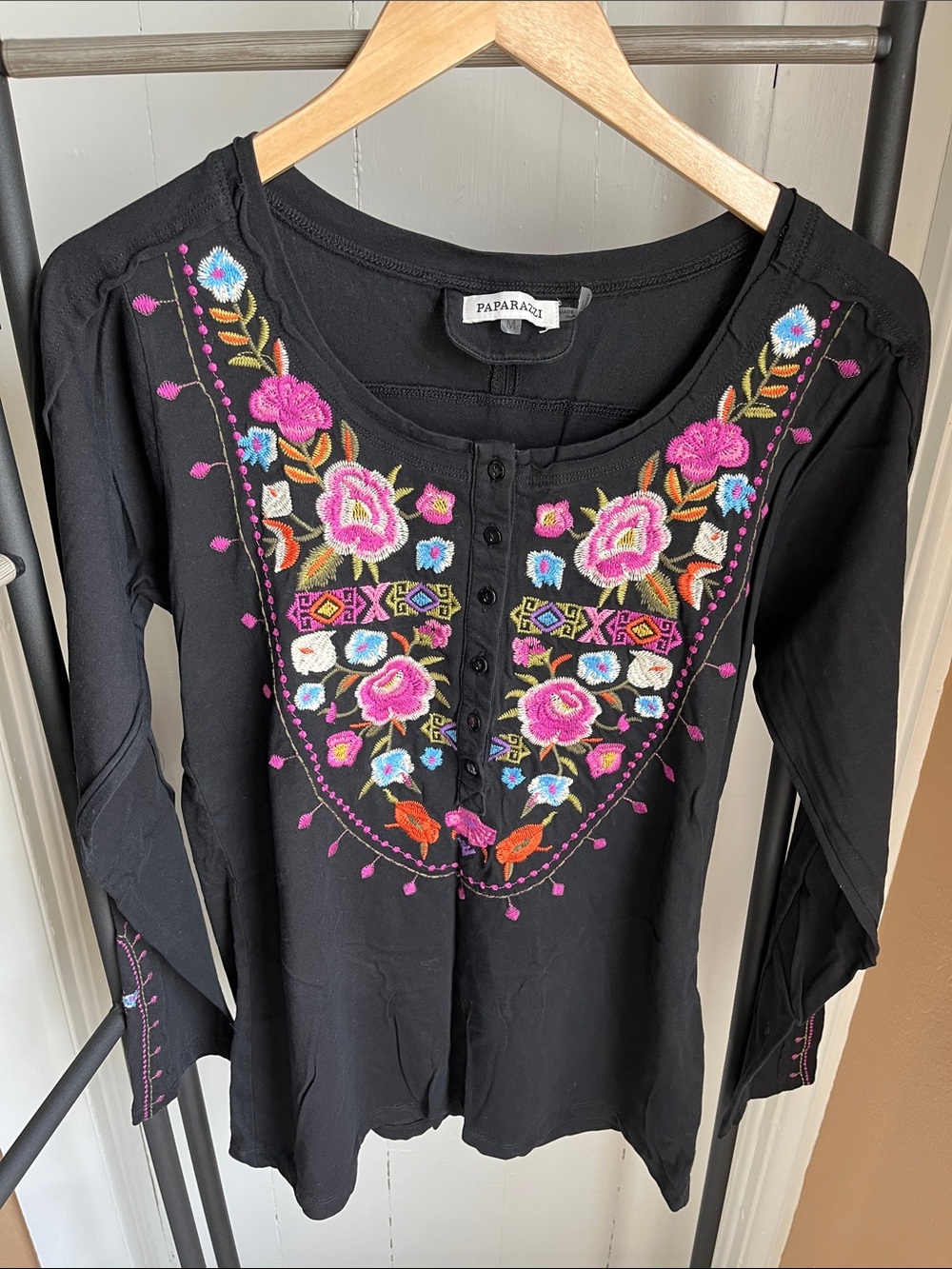 paparazzi Black Long Sleeve Top with Pink & Blue Floral Embroidery